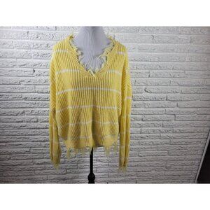Rue 21 Sweater 2X Yellow Striped Knit Pullover VNeck Fringe Plus Size SWE152E